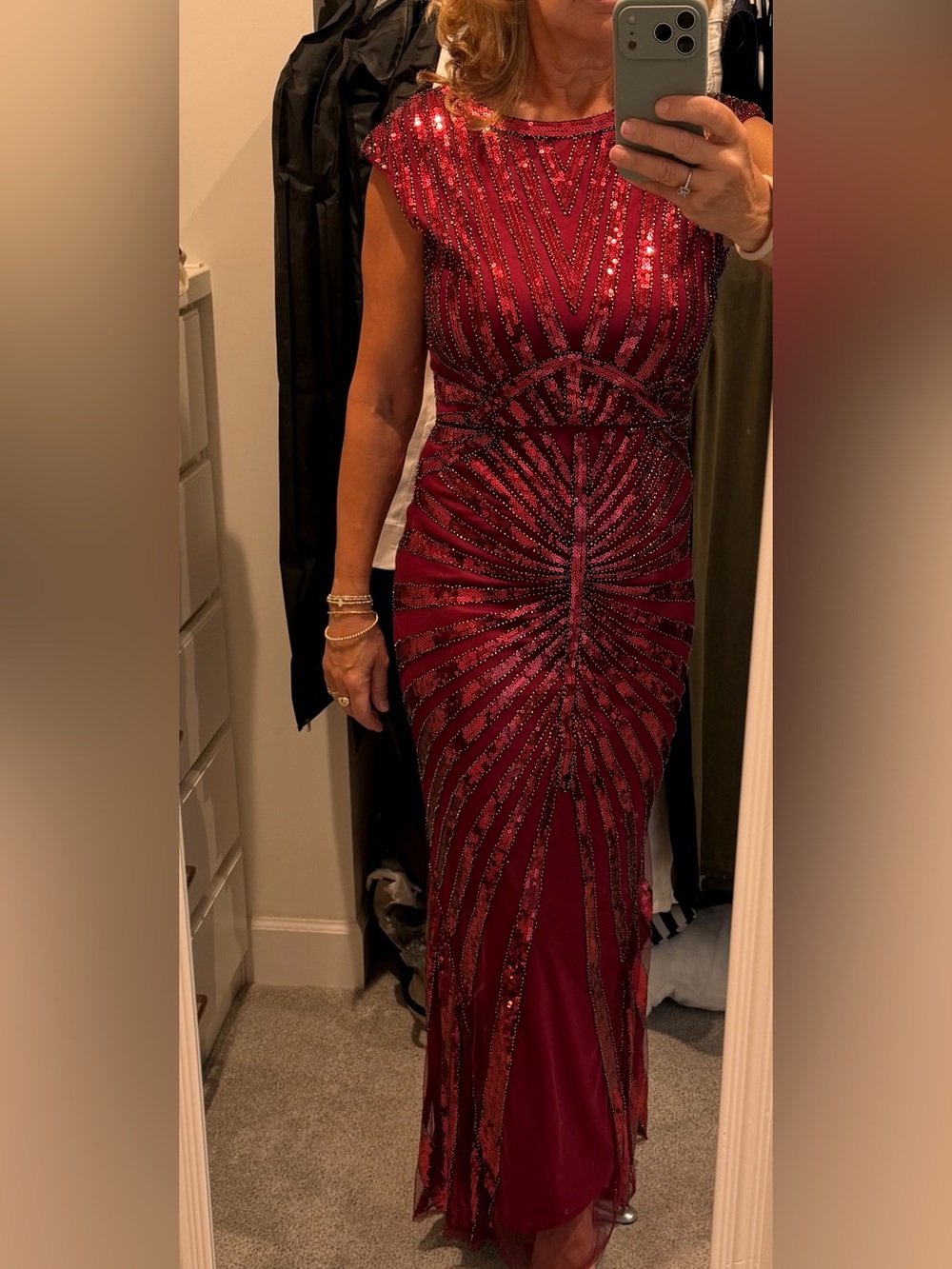 Beaded Red Long Fitted Gown M High Neck Geometric Sequins Cap Sleeve V-back